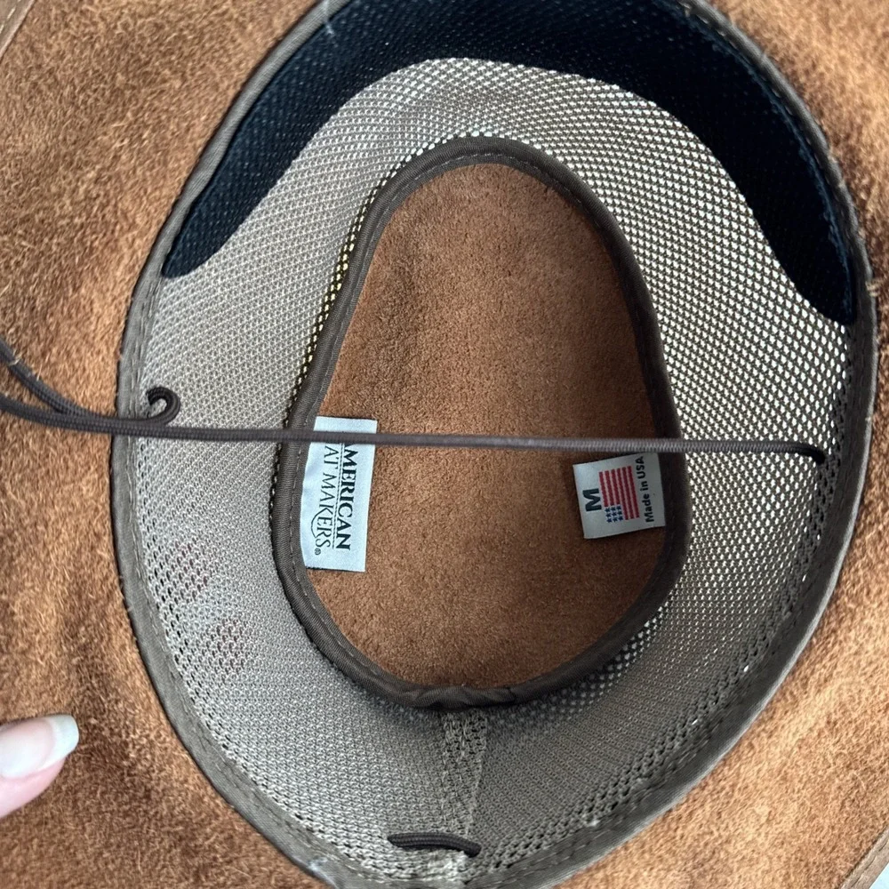 American Hat Makers Breeze Leather & Mesh Sun Hat Sz M Wide Brim UPF50 Chin Stir
